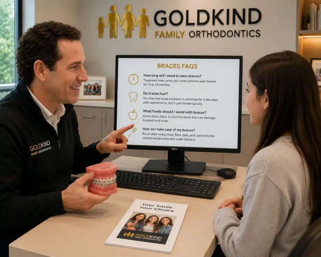 Orthodontist answering braces FAQs during consultation